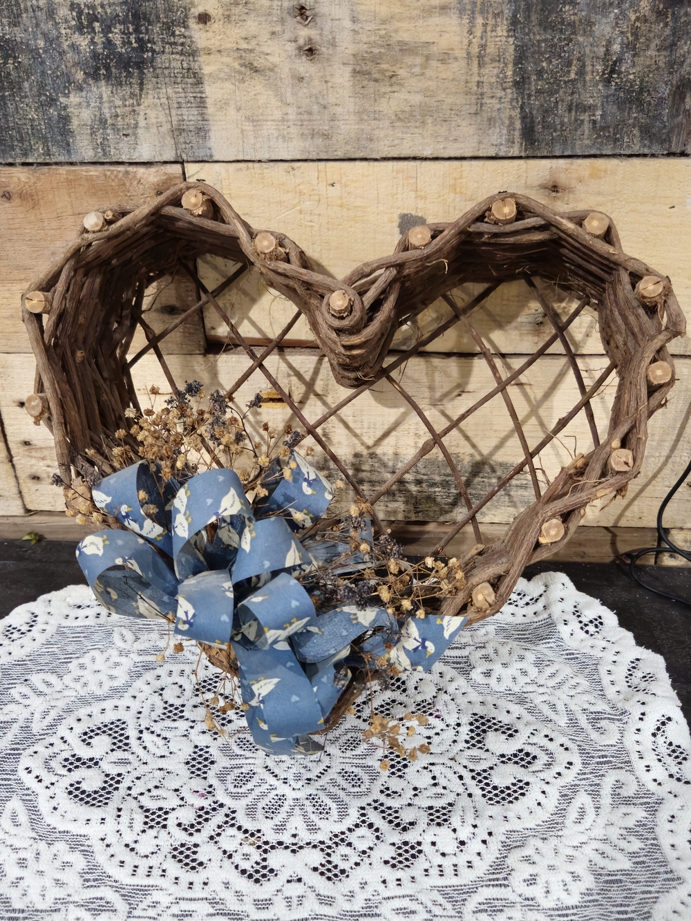 Rustic Heart Wicker Wall Accent with Blue Duck Bow